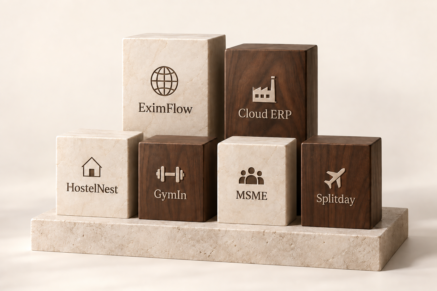 The Senosys product family represented by six ivory and walnut blocks: EximFlow, Cloud ERP, HostelNest, GymIn, MSME and Splitday.